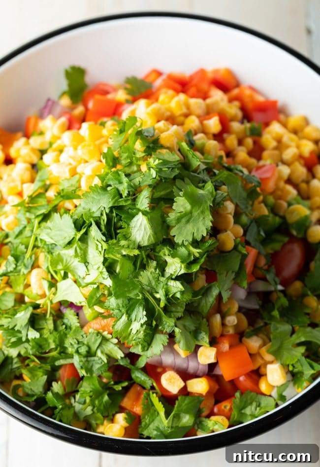Fiesta Pasta Salad 6 Bowl with fresh ingredients for pasta salad, including black beans, corn, and pasta.