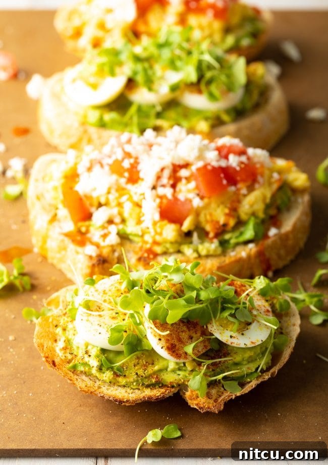 Avocado toast with an egg, microgreens, and a sprinkle of spices