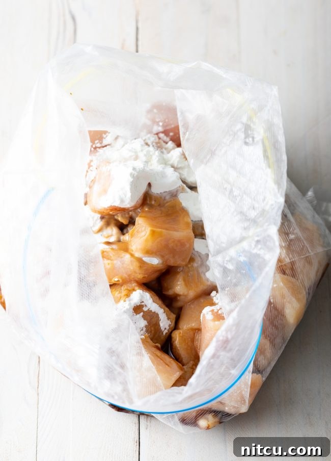 Sichuan Kung Pao Chicken 6 Plastic ziploc bag with pieces of chopped chicken and cornstarch.