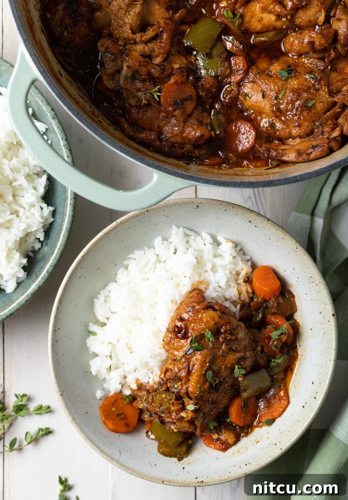 Authentic Jamaican Brown Stew Chicken 8 Top down view of plated brown stew chicken recipe with some rice.
