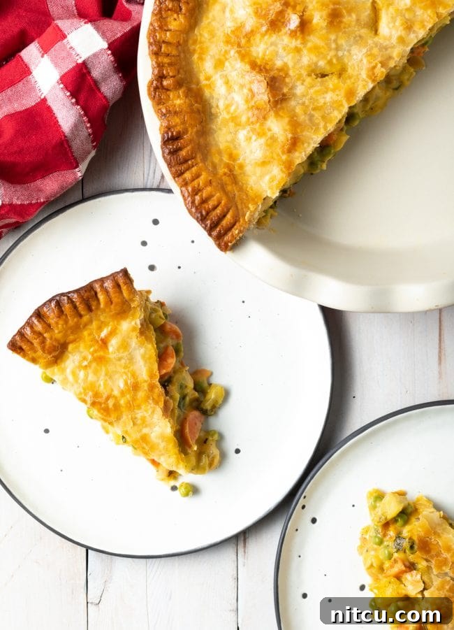 A beautifully golden-brown vegetarian pot pie, steaming with warmth and ready to be served.