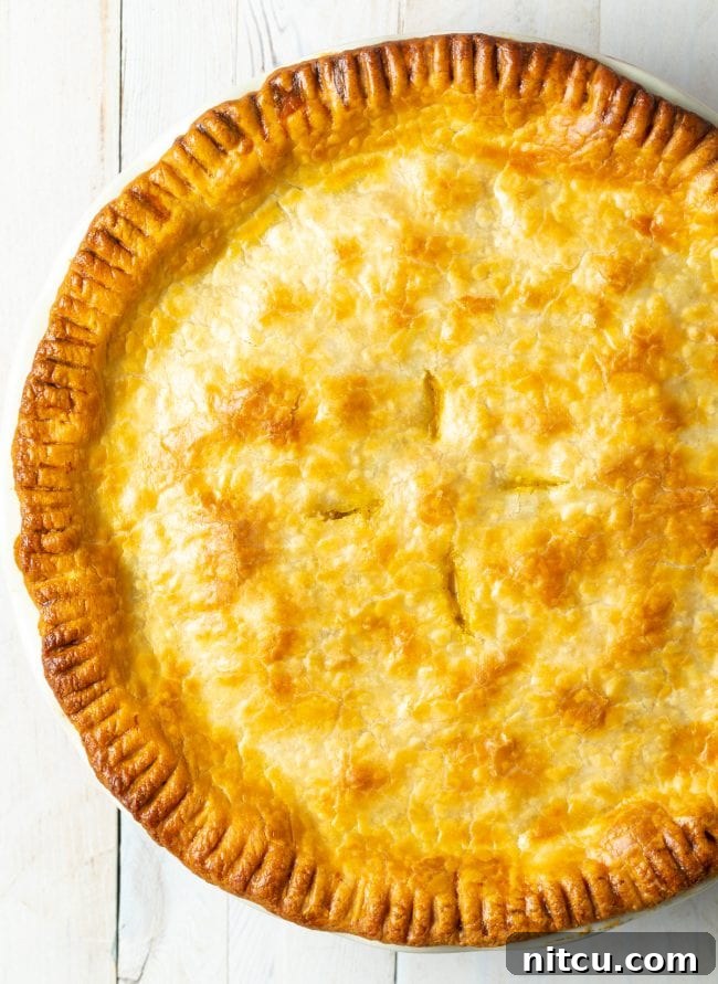 An overhead shot of a whole vegetable pot pie, showcasing its beautifully golden, flaky crust.