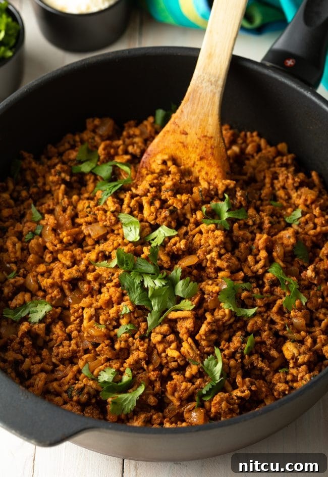 Dynamite Turkey Tacos 3 Ground turkey meat for spicy tacos with fresh cilantro garnish