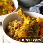 Close-up of Jamaican Curry Chicken, rich with gravy and tender pieces.