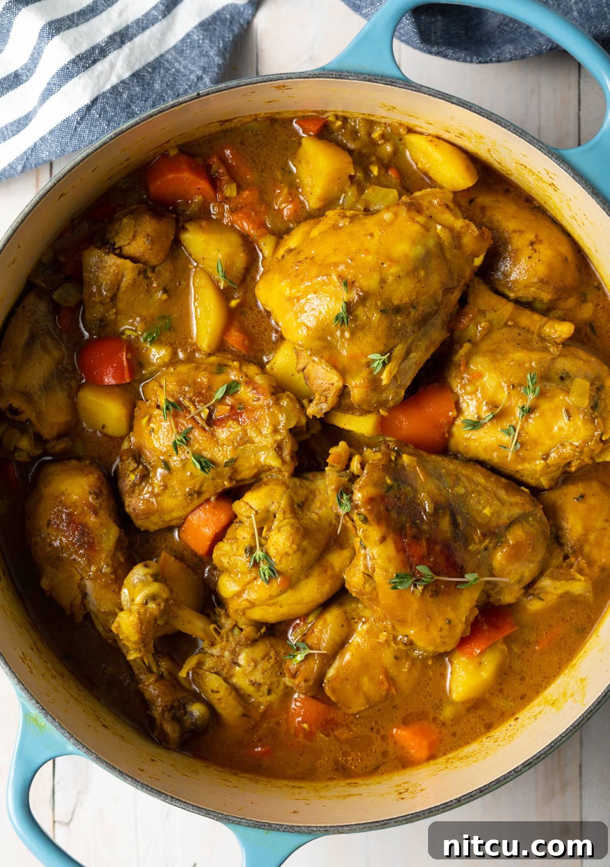 Jamaican Curry Chicken Delights 7 Top down view of ready-to-eat chicken curry, garnished with fresh herbs.