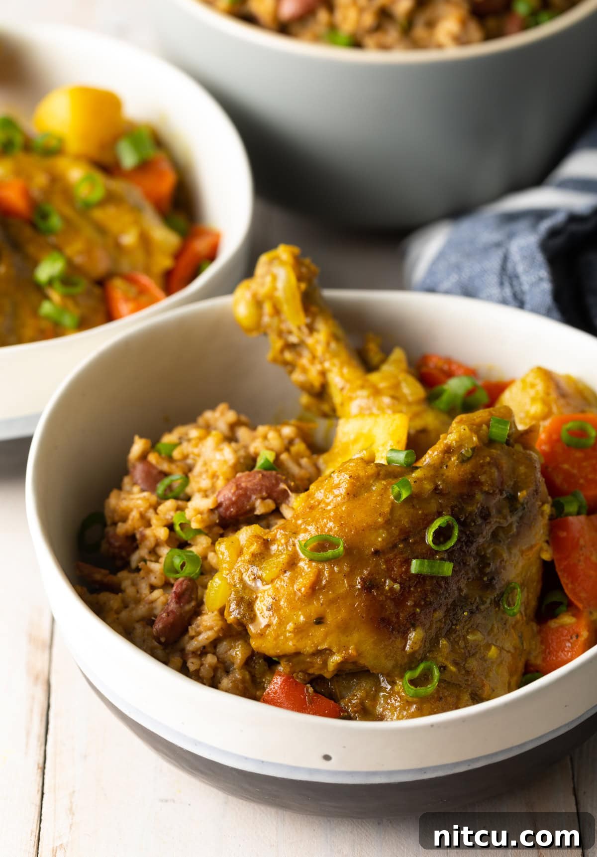Jamaican Curry Chicken Delights 8 Caribbean yellow curry chicken served with rice and garnished with fresh scallions.