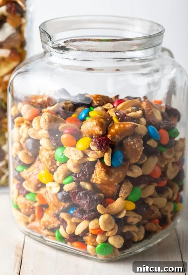 Wholesome DIY Trail Mix 8 A side view of a glass jar generously filled with indulgent trail mix, showcasing its vibrant contents.