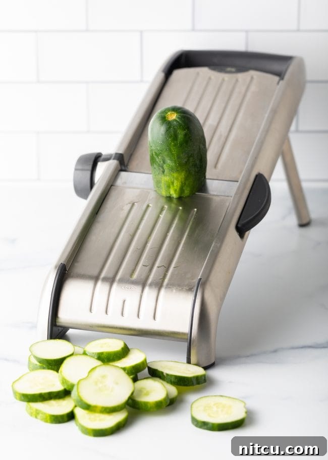 Effortless Homemade Bread & Butter Pickles 6 Slicing cucumbers with a mandolin.
