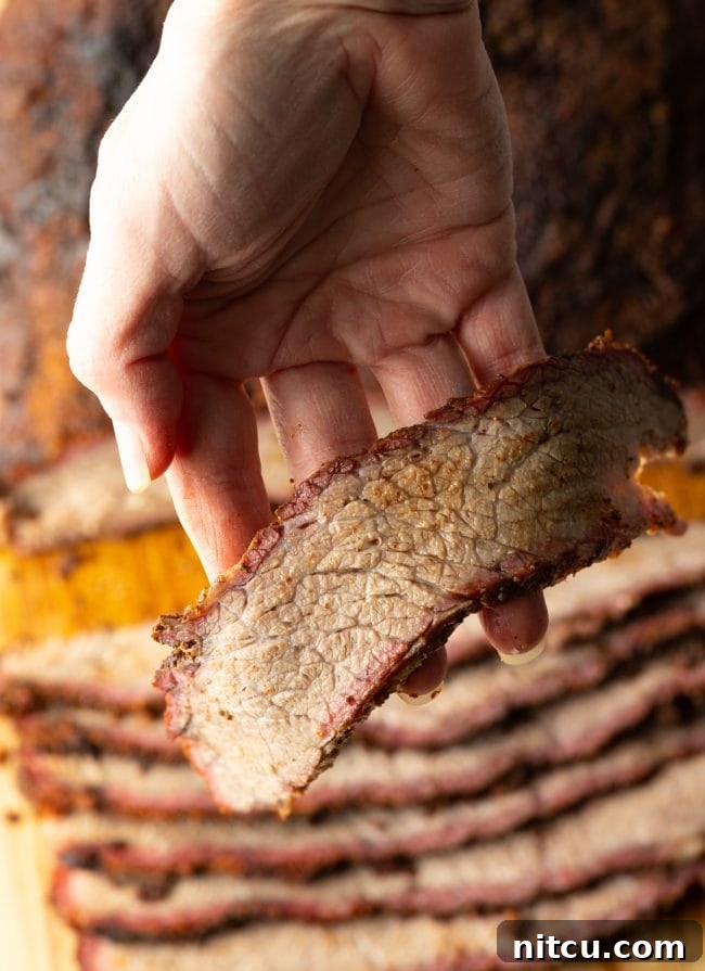 Ultimate Dry-Brined Smoked Brisket 4 Close-up of a hand holding a perfectly sliced piece of smoked brisket, showing its juicy interior and smoke ring.