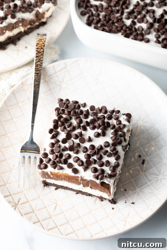 Layered Chocolate Indulgence 4 An overhead view of the assembled No-Bake Chocolate Lasagna in a rectangular dish, showing the beautiful layers of dark Oreo crust, lighter cream cheese, rich chocolate pudding, and a whipped topping, sprinkled with mini chocolate chips.