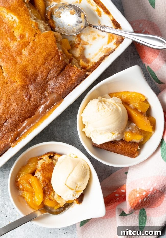 Easy Bisquick Peach Cobbler 12 bisquick peach cobbler with scoops of ice cream