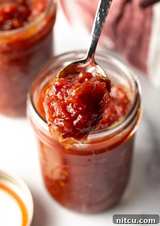 A jar of glistening tomato jam, with a spoon scooping a generous portion, promising a delightful culinary experience.