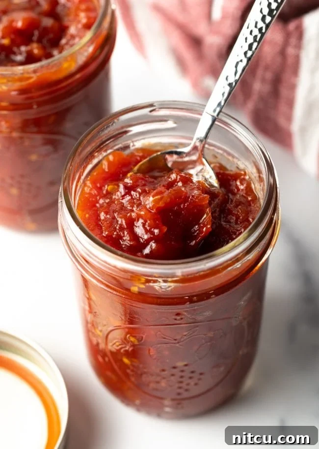 A close-up shot of a spoon scooping a perfect portion of rich tomato jam from a mason jar, highlighting its luscious texture.