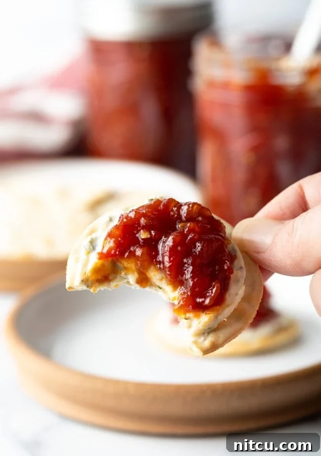 A delectable bite of cracker, adorned with creamy cheese and a spoonful of homemade tomato jam, showcasing its delightful texture and rich color.