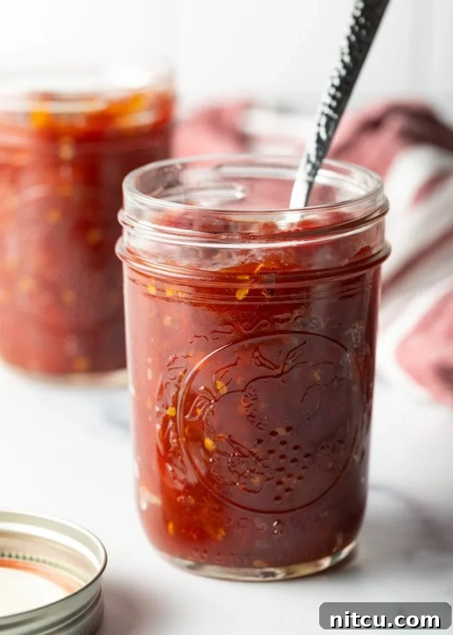 A beautifully finished jar of homemade tomato jam, glistening enticingly with a spoon dipped in, ready to be sampled.