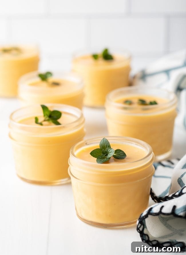 Creamy Vegan Mango Pudding 13 lined up cups of dairy free mango pudding with mint garnishes