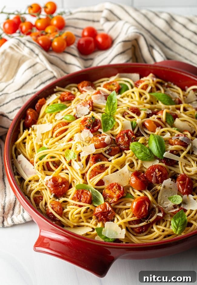 Oven-Kissed Cherry Tomatoes 4 A beautiful bowl of spaghetti tossed with homemade roasted cherry tomato pasta sauce.