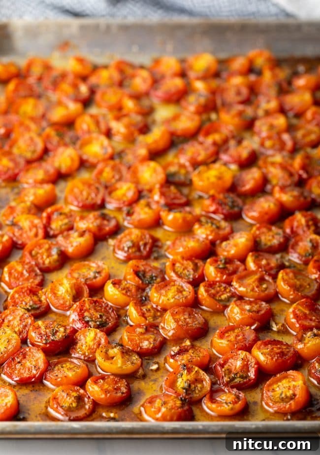 Oven-Kissed Cherry Tomatoes 8 Close-up side view of perfectly oven-roasted cherry tomatoes on a baking sheet, with visible juices.
