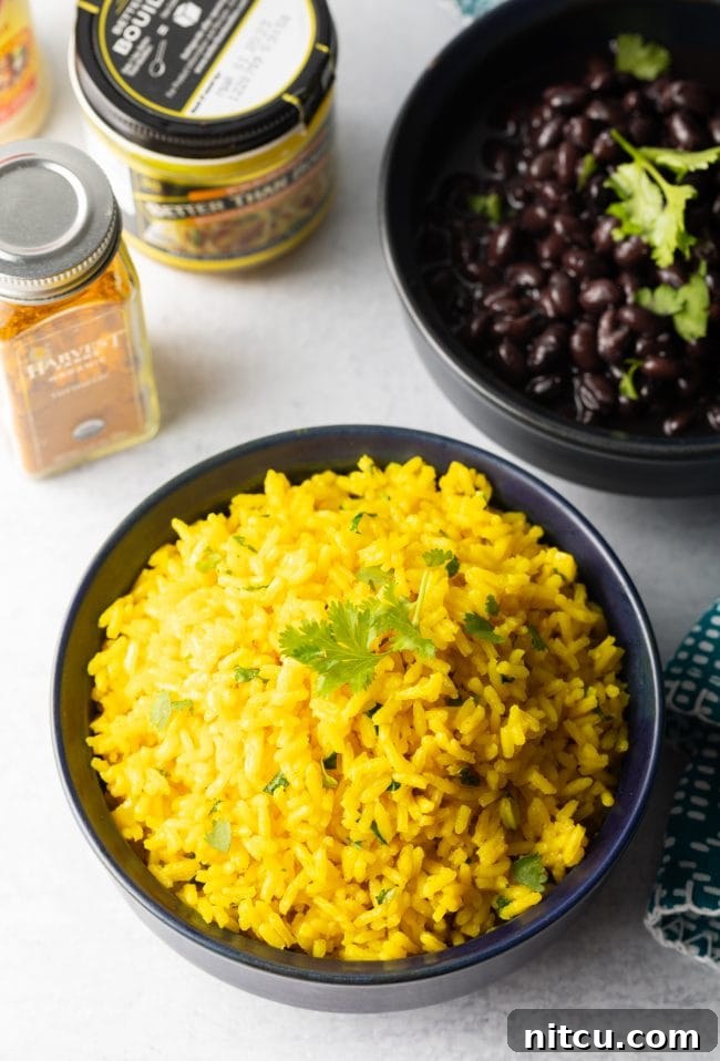 Overhead view of yellow rice in a decorative bowl, ready to be served.
