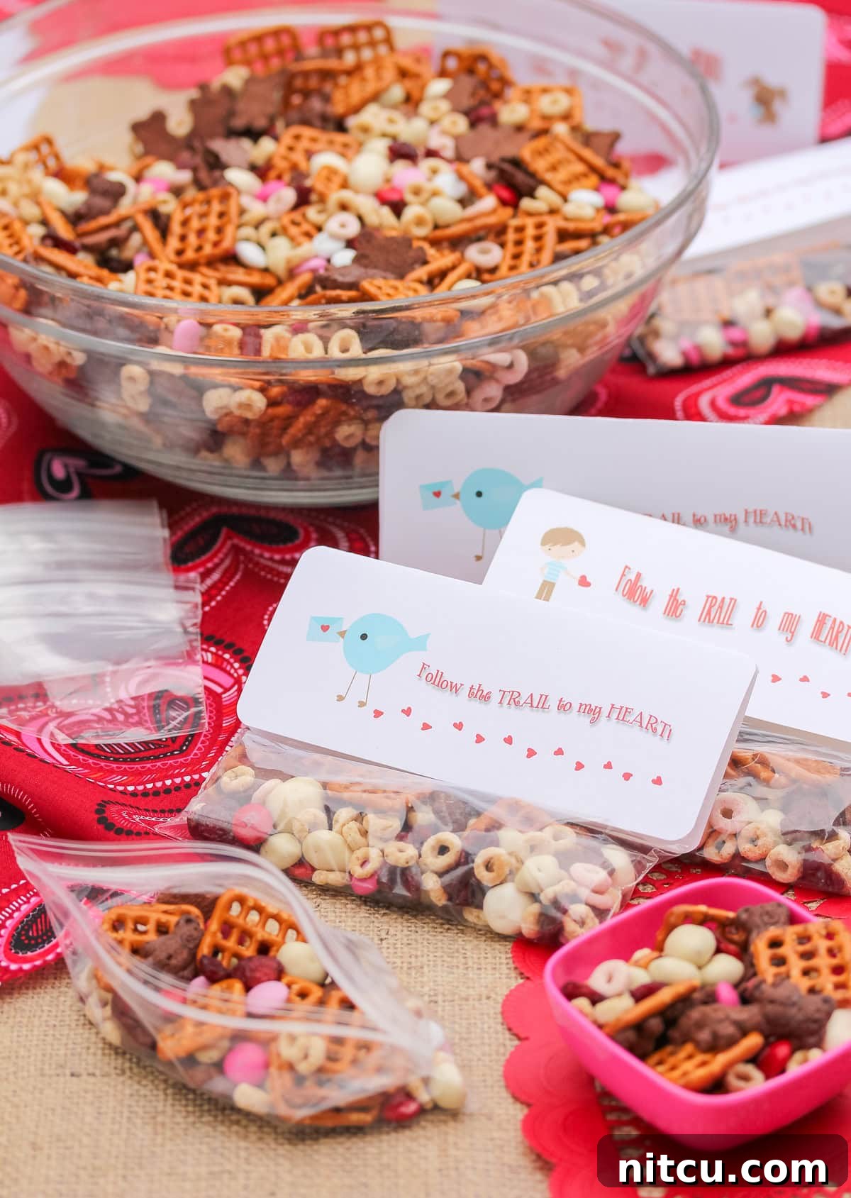 valentines-day-snack valentines day snacks (trail mix) in individual baggies with a bowl of trail mix in the background.