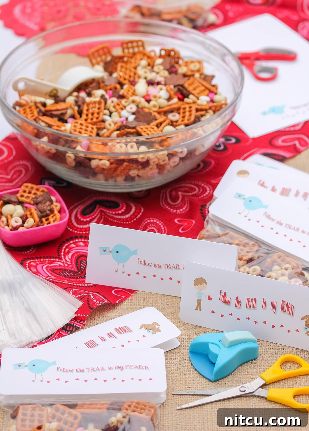 trail-mix trail mix in a big bowl with little gift bags and tags next to it.