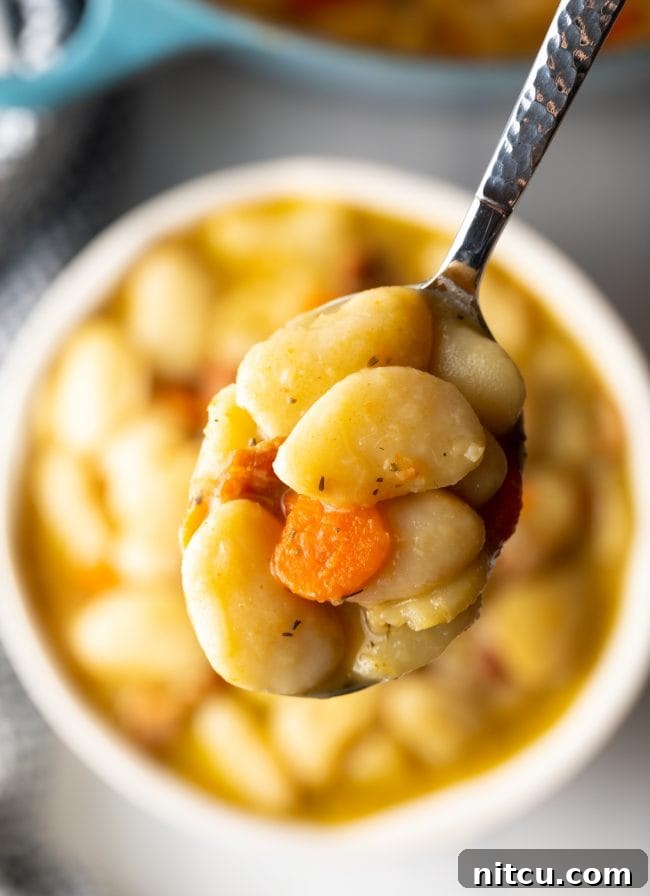 Serving spoon carefully lifting tender Southern lima beans, along with savory bacon bits, soft carrots, and celery, from a simmering pot.