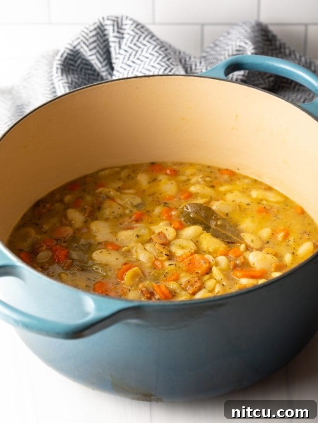 A large pot on the stove, filled with rich chicken stock, tender butter beans, colorful carrots, savory bacon, a bay leaf, and various seasonings, gently simmering.