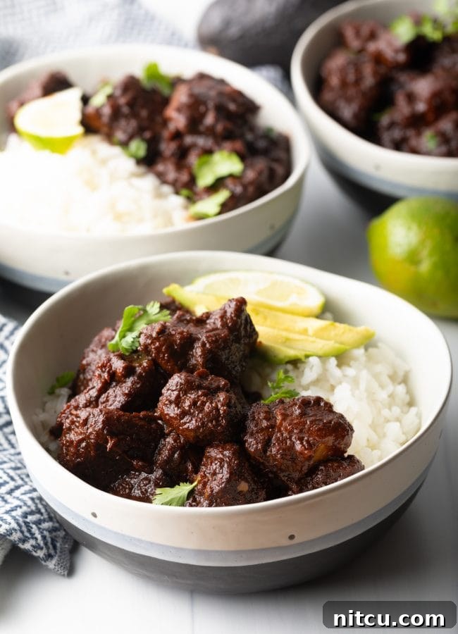The Ultimate Carne Adovada Recipe 13 side view red chile pork carne adovada in a bowl with white rice, avocado, lime and cilantro