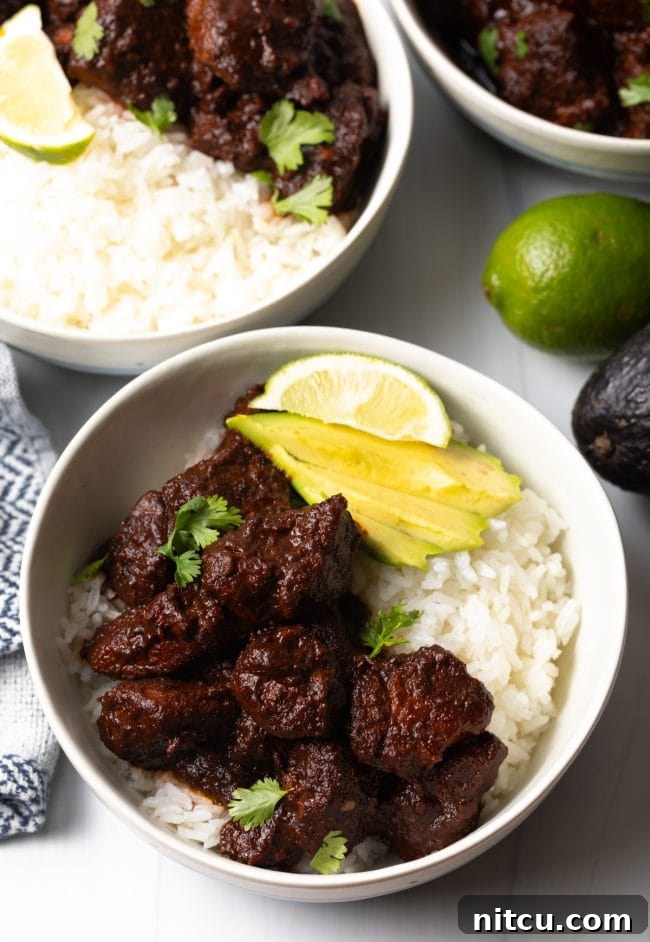 The Ultimate Carne Adovada Recipe 14 New Mexican Red Chile Pork - finished bowl top view with white rice, red chile carne adovada, slices of avocado, and lime wedge