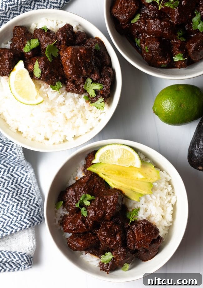 The Ultimate Carne Adovada Recipe 3 overhead view carned adovada in three bowls with new mexico red chile, lime and avocado