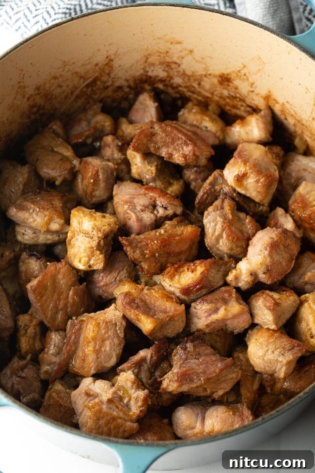 The Ultimate Carne Adovada Recipe 8 top view chunks of seared pork in a large pot