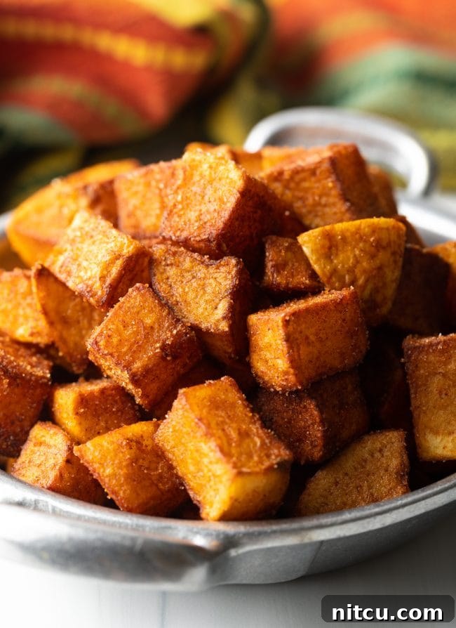 Fiesta Potatoes 2 Close-up view of golden brown, crunchy Patatas Bravas (Mexican Potatoes)