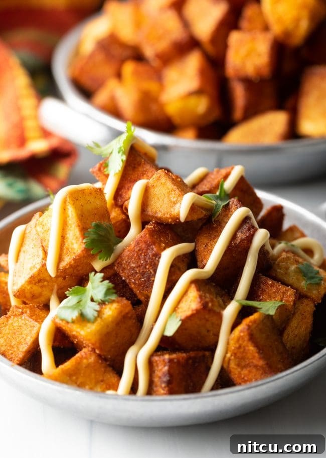 Fiesta Potatoes 12 Close-up shot of a bowl of finished Patatas Bravas recipe with creamy aioli and chopped cilantro