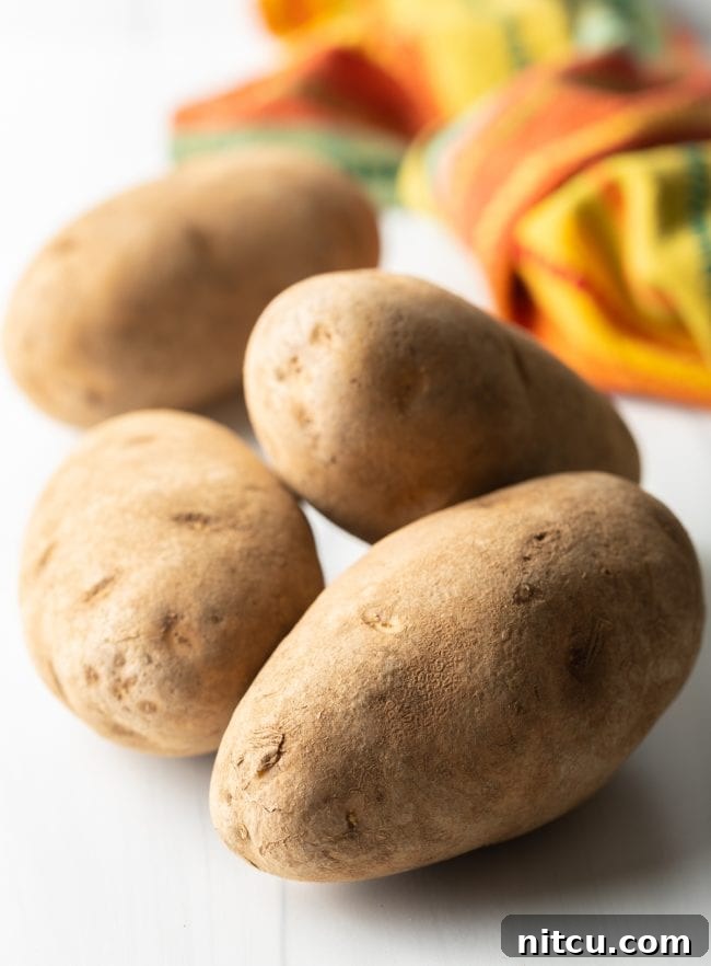 Fiesta Potatoes 5 Whole russet potatoes on a clean white background, ready for preparation