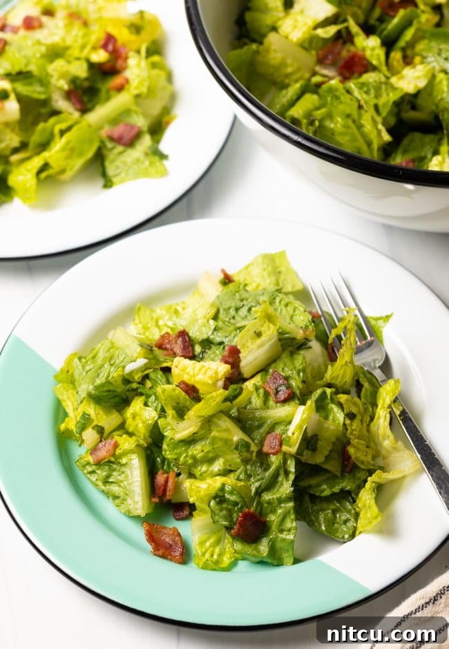 Sad Greens 11 top side view of wilted lettuce salad with chopped bacon on a white and teal plate and fork on the side
