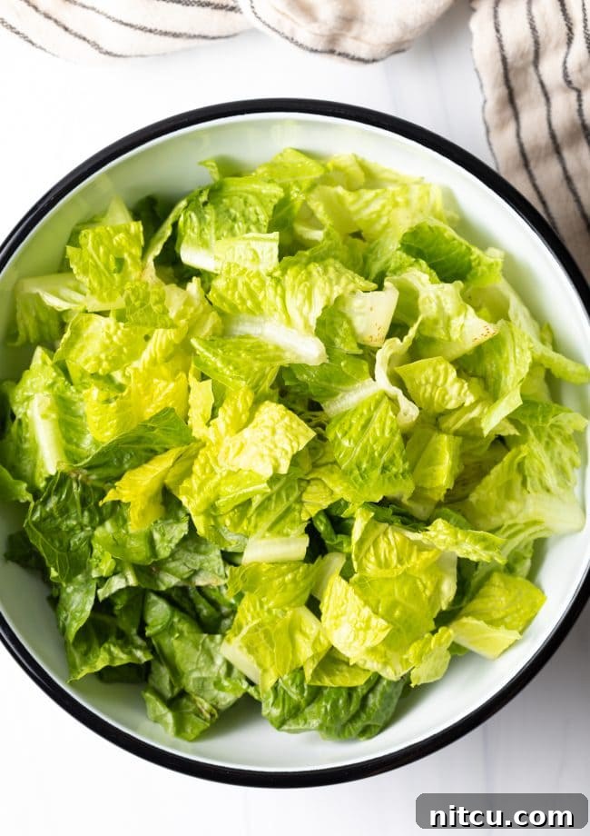 Sad Greens 5 chopped romaine in a large white bowl