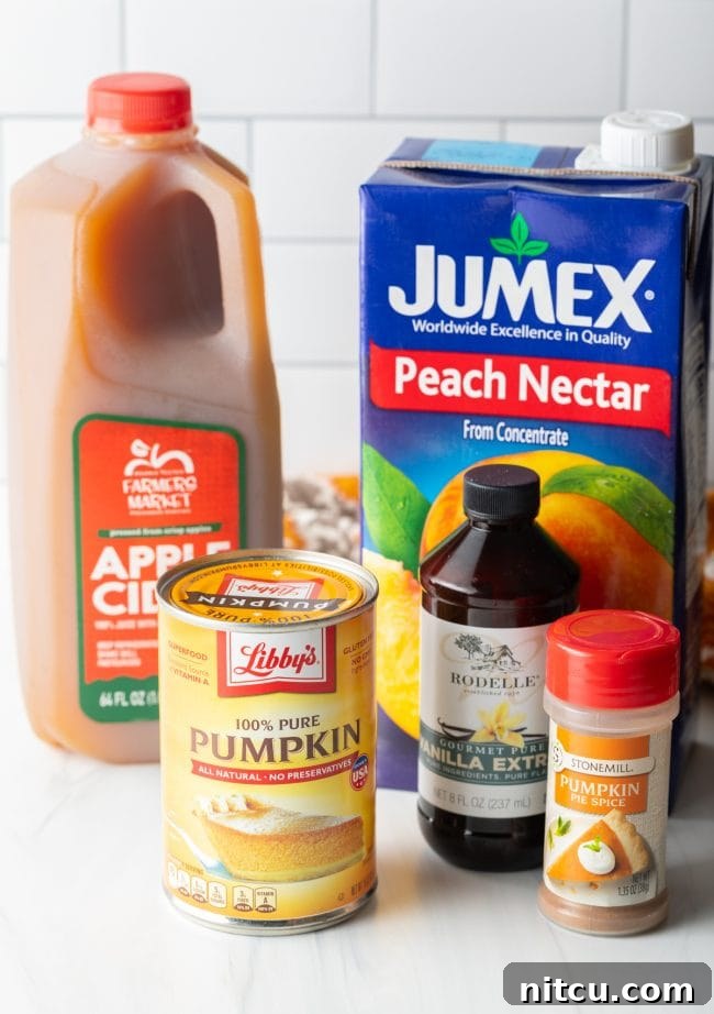 Hogwarts Pumpkin Juice 5 ingredients you need: canned pure pumpkin, pie spice, vanilla, box of peach nectar, and jug of apple cider
