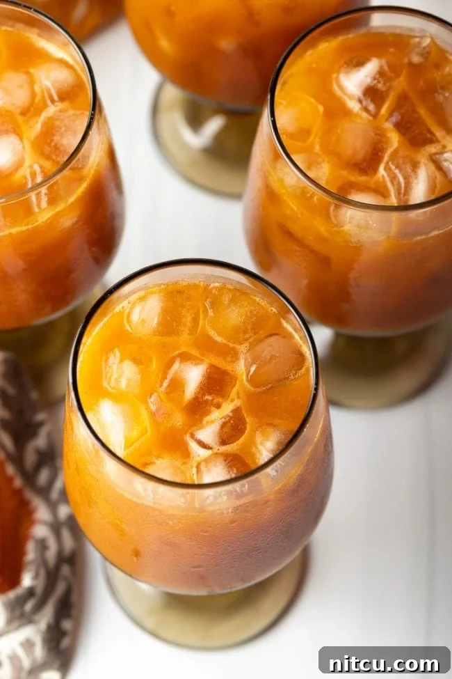 Hogwarts Pumpkin Juice 8 top view of iced harry potter pumpkin juice in 3 glasses