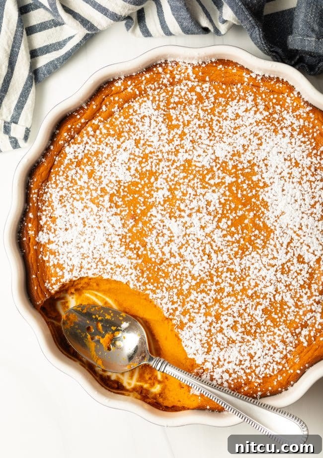 Golden Carrot Cloud 2 top view mashed carrot souffle casserole with powdered sugar, metal spoon taking a scoop