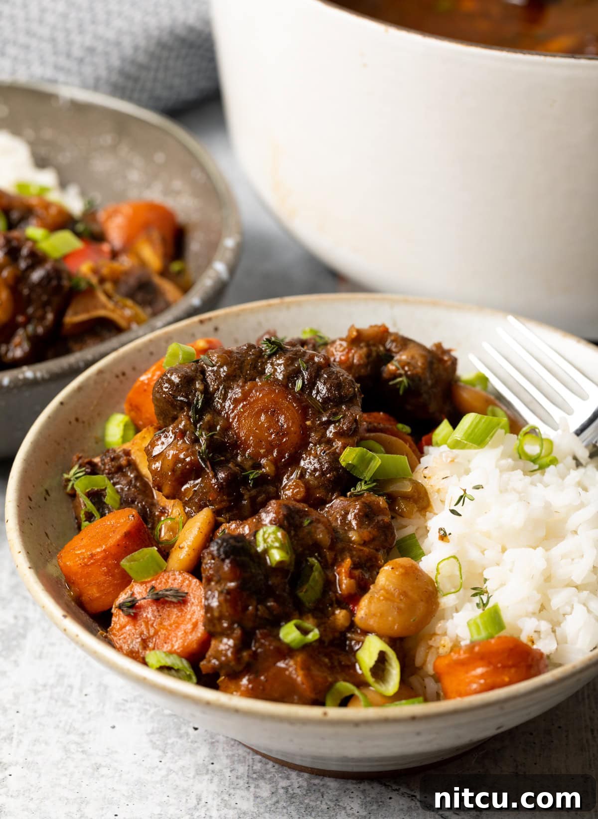 White bowl filled with rich Jamaican oxtail and beans stew, served alongside fluffy white rice.