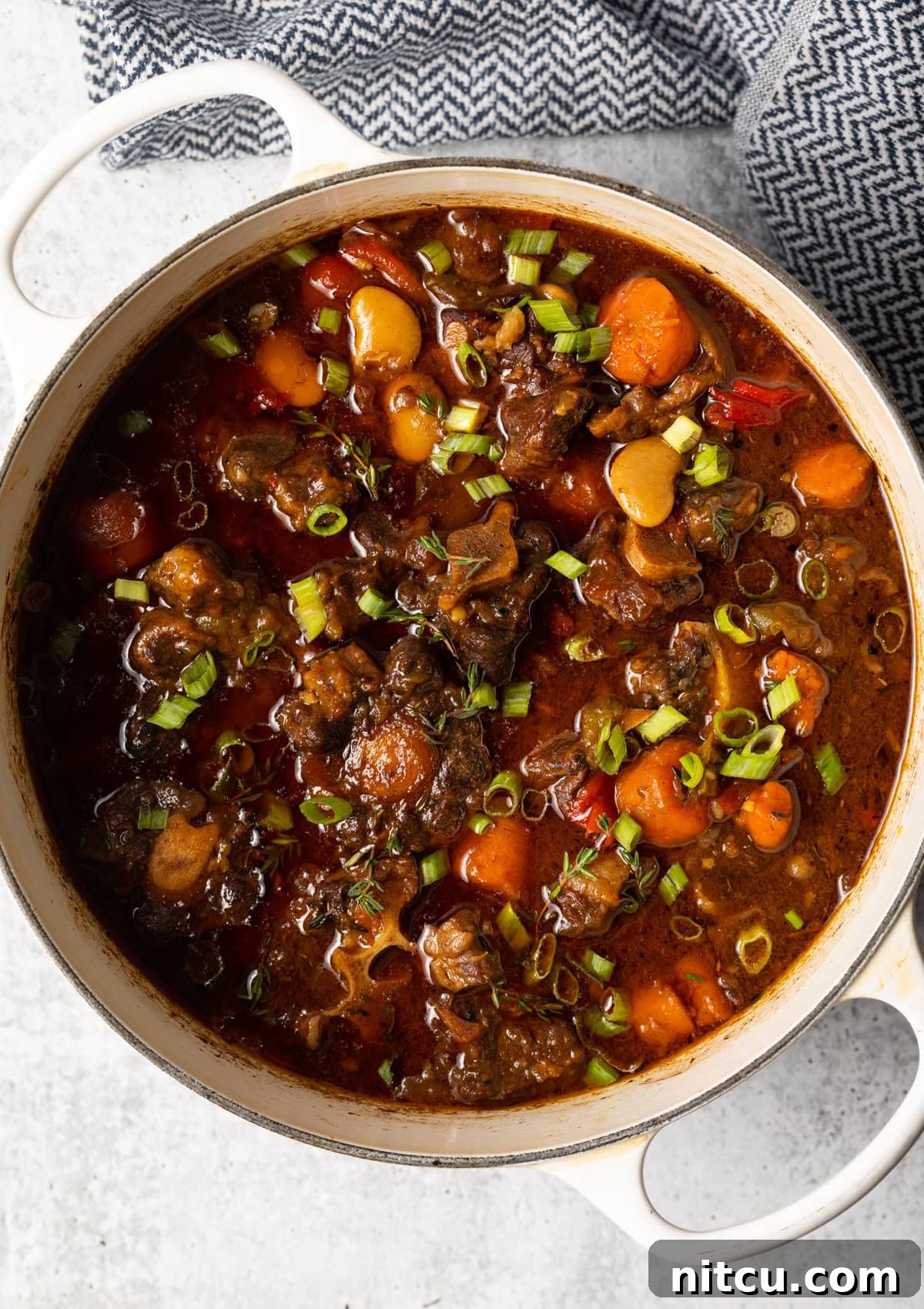 Top view of a white soup pot filled with homemade oxtail stew and vibrant vegetables, ready to be served.
