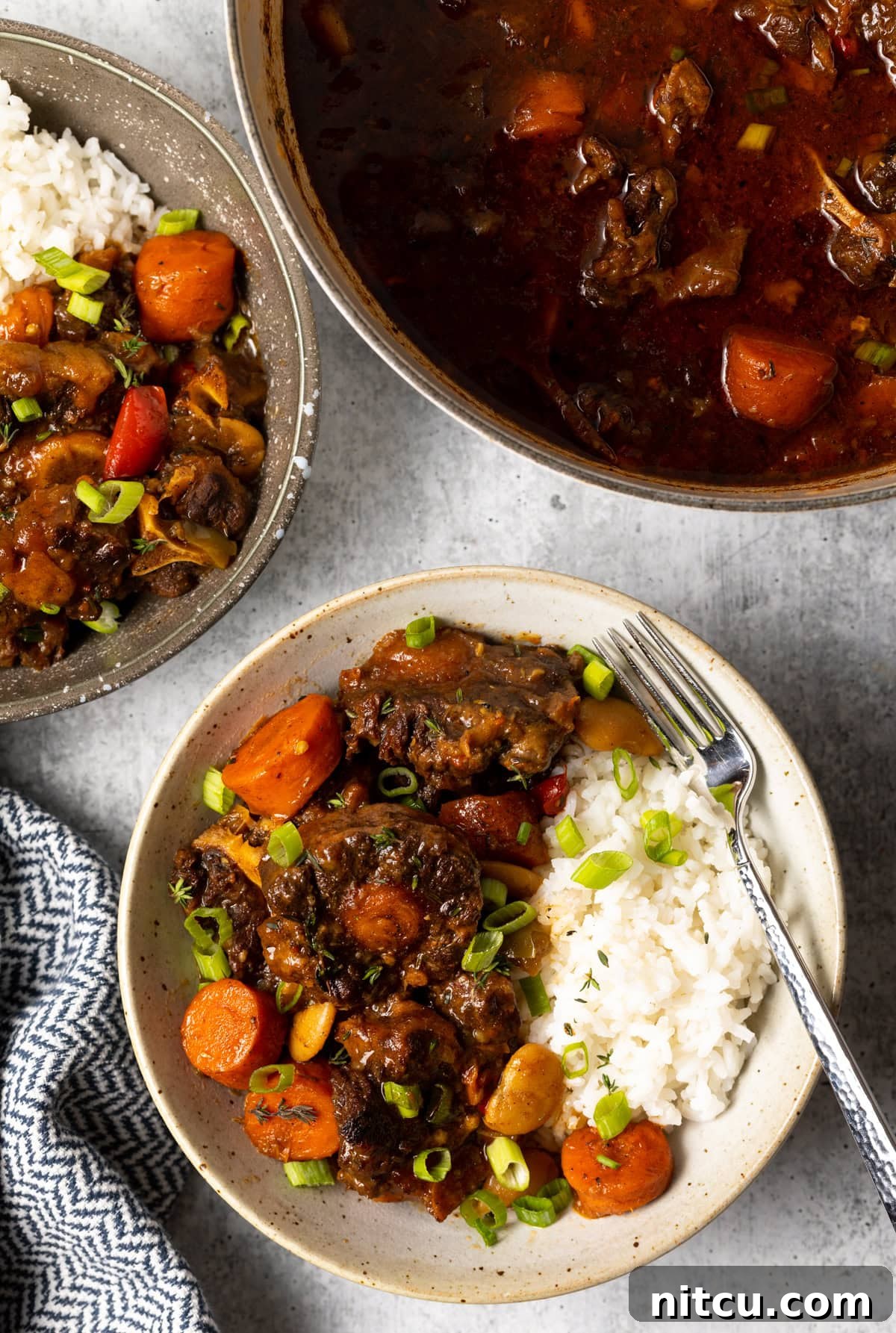 Top view of two bowls of homemade oxtail stew garnished with chopped scallions, served with white rice, and a soup pot in the background.