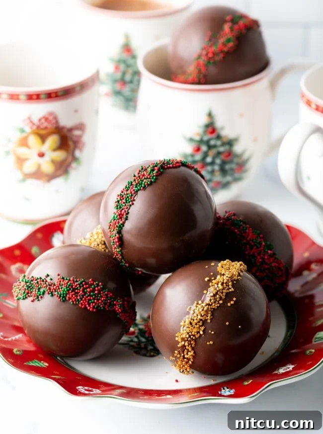 Magical Melting Cocoa 2 Stocked hot chocolate bombs on a plate.