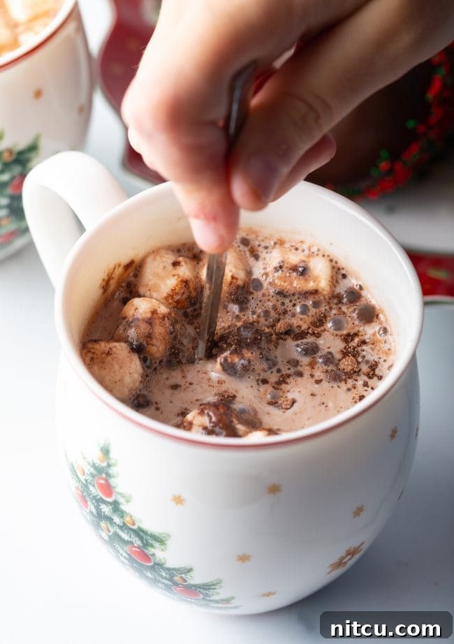 Magical Melting Cocoa 13 Hand mixing melted chocolate in mug.