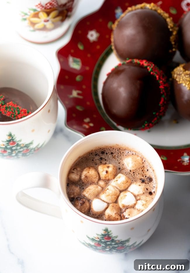 Magical Melting Cocoa 5 Top down view mug of hot chocolate with marshmallows - chocolate balls in the background.