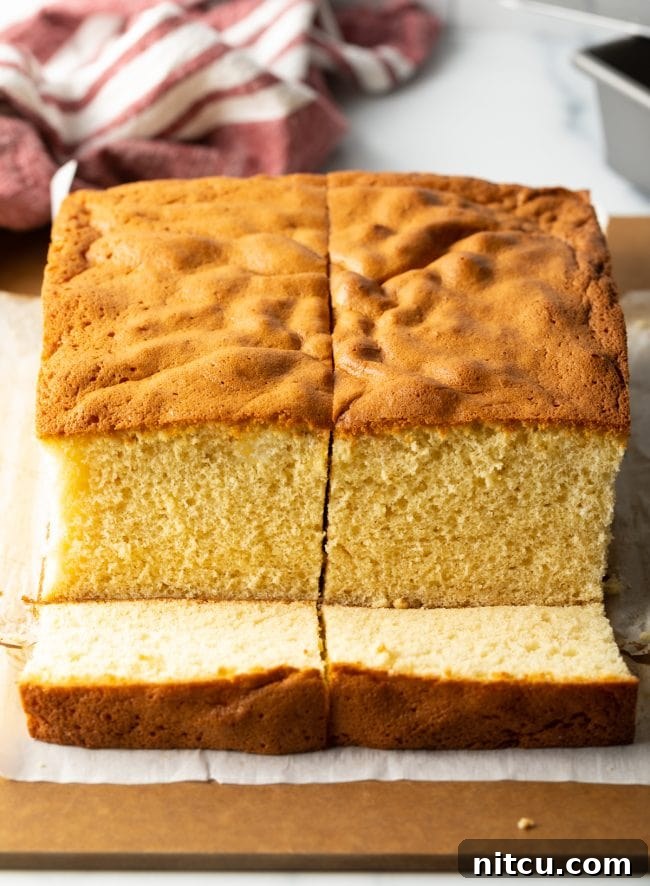 Featherlight Japanese Sponge Cake 11 A cross section of Japanese Sponge Cake sliced down the middle. Two slices are also cut out of the cake.