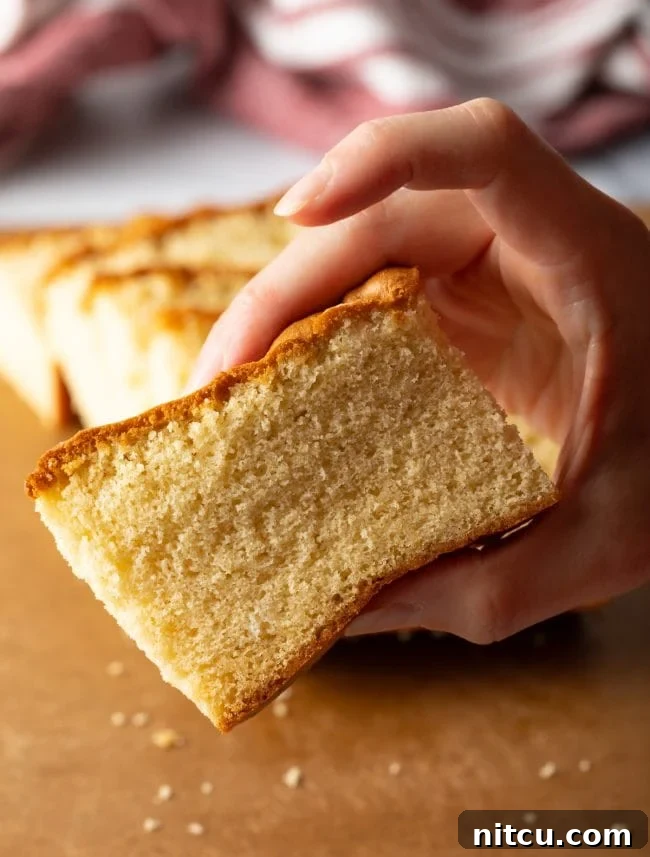 Featherlight Japanese Sponge Cake 4 hand holding slice of Japanese wagashi yakimono over brown cutting board