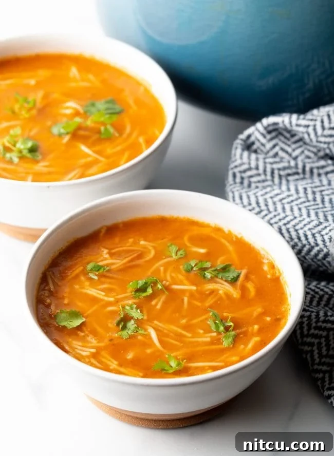 Mexican Fideo Noodle Bowl 2 two bowls of Mexican sopa with noodles garnished with cilantro, showcasing a vibrant and comforting dish