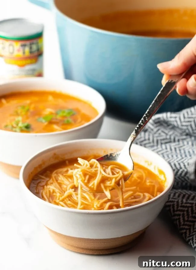 Mexican Fideo Noodle Bowl 3 hand with spoon lifting a spoonful of vibrant Sopa de Fideo from a white and brown bowl, with a second bowl blurred in the background