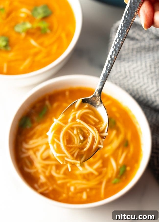 Mexican Fideo Noodle Bowl 4 top view of a spoon lifting a bite of Mexican Sopa de Fideo, highlighting the noodles and broth